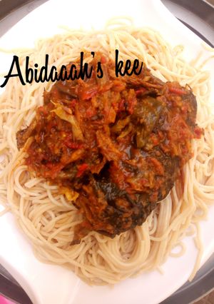 A picture of Spagatti with dry fish sauce.