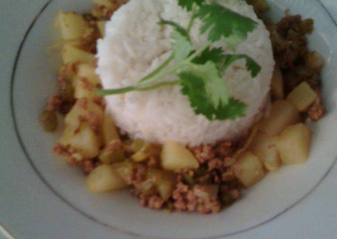 Arroz con carne molida y papas