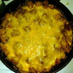 Geralds chili cheese tots with brats A picture of Geralds chili cheese tots with brats.