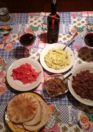A picture of Mediterranean Pita Dinner, homemade: hummus, ground lamb and olive pate..