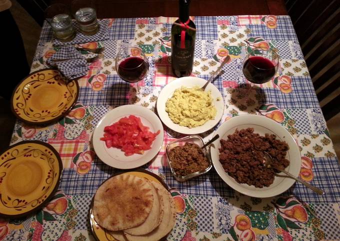Mediterranean Pita Dinner, homemade: hummus, ground lamb and olive pate.