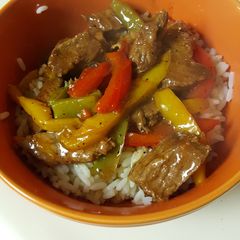 A picture of Peppered Steak and Rice.