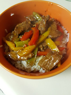 A picture of Peppered Steak and Rice.