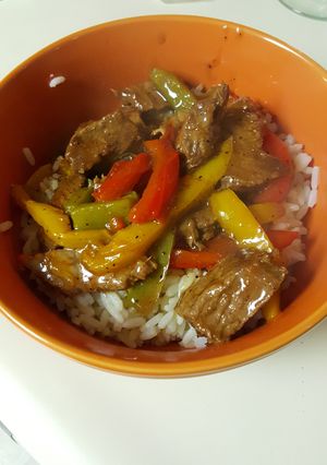 A picture of Peppered Steak and Rice.