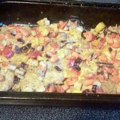 A picture of Honey Mustard chicken and vegetables.