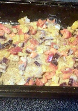 A picture of Honey Mustard chicken and vegetables.