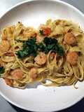 Tagliatelle , Pesto and prawns