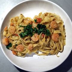 A picture of Tagliatelle , Pesto and prawns.