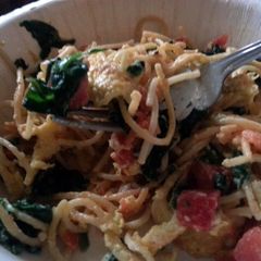 A picture of pasta & eggs together? for breakfast? absolutely!.