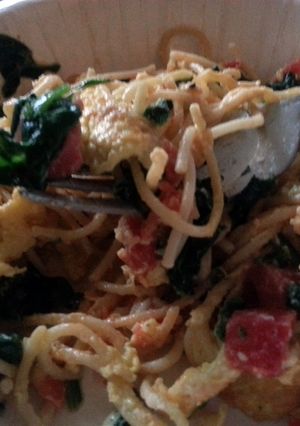 A picture of pasta & eggs together? for breakfast? absolutely!.