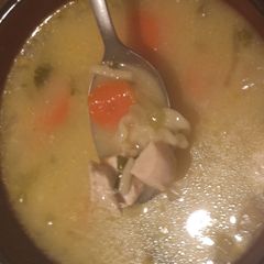 A picture of My grandma's chicken noodle soup.