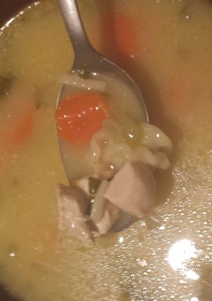 A picture of My grandma's chicken noodle soup.
