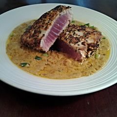 A picture of Peanut Sesame Crusted Tuna with Wasabi Cream Sauce.
