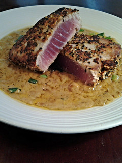A picture of Peanut Sesame Crusted Tuna with Wasabi Cream Sauce.