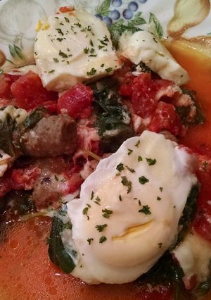 A picture of Spinach and Tomato Poached Eggs.