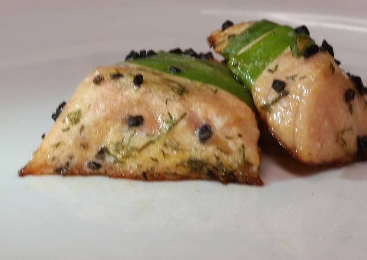 Recipe of Speedy leek wrapped salmon w black hawaiian sea salt