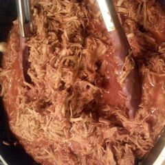 A picture of Low Carb Shredded Pork Colorado with steamed zucchini, corn & tomatoes.