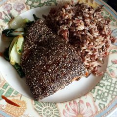 A picture of Chia-crusted salmon with Asian greens (copied from online).