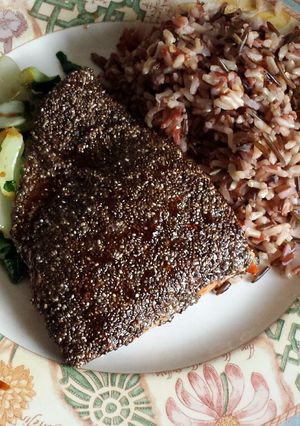 A picture of Chia-crusted salmon with Asian greens (copied from online).