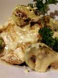 Sauteed pork and brussels sprouts in cream sauce