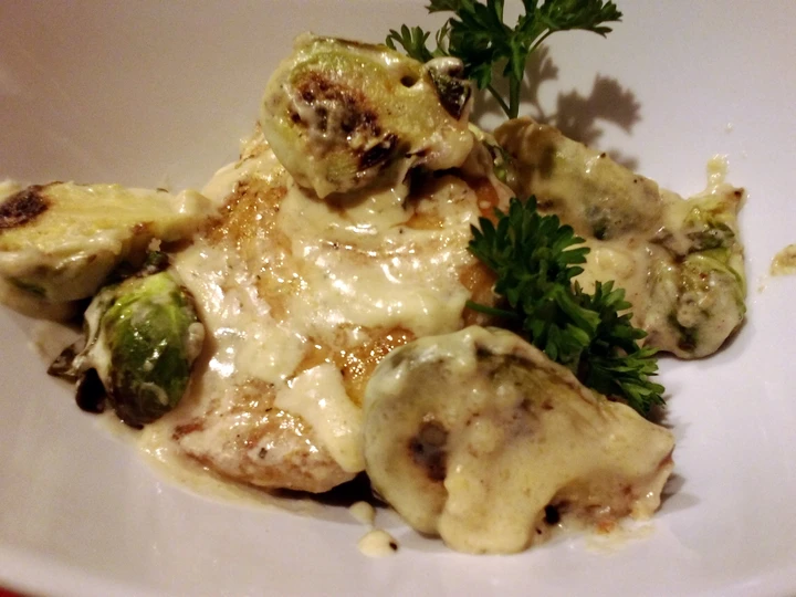 Recipe Sauteed pork and brussels sprouts in cream sauce which Delicious