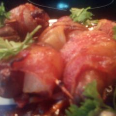 A picture of sunshine's.bacon wrapped pineapple and li'l smokies.