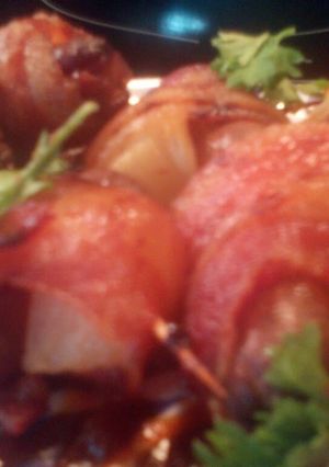 A picture of sunshine's.bacon wrapped pineapple and li'l smokies.