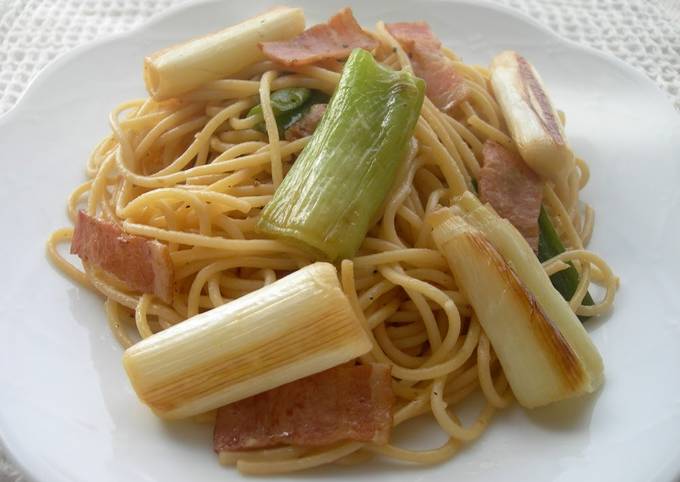 Soy Sauce Butter Pasta with Japanese Leek and Bacon