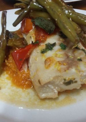 A picture of Baked Cod over Sweet Potato Mash.