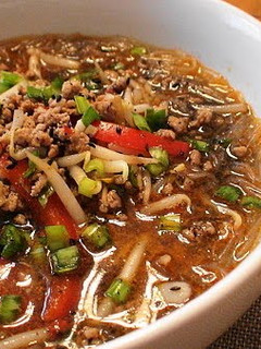 A picture of Healthy Dandan Noodles with Cellophane Noodles and Black Sesame.