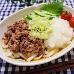 A picture of Udon Noodles with Grated Daikon and Beef.