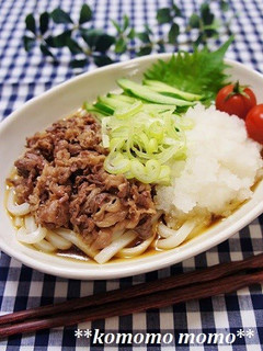 A picture of Udon Noodles with Grated Daikon and Beef.
