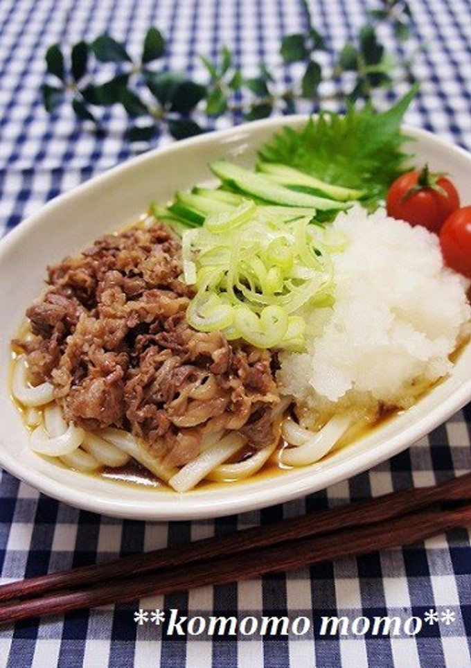 A picture of Udon Noodles with Grated Daikon and Beef.