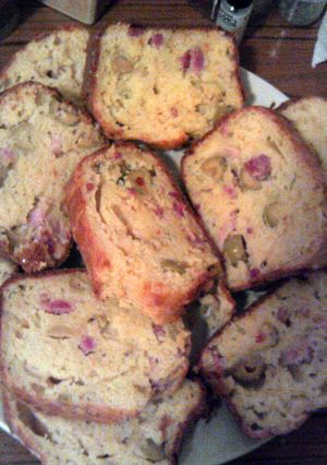 A picture of Olive and bacon cake.
