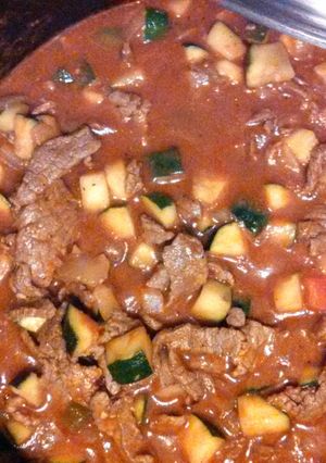 A picture of beef w/squash.