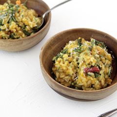 A picture of Sweet Potato and Chard Risotto with Parmesan, Rosemary, and Nutmeg.