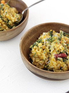 A picture of Sweet Potato and Chard Risotto with Parmesan, Rosemary, and Nutmeg.