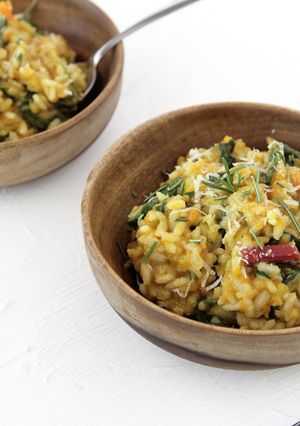 A picture of Sweet Potato and Chard Risotto with Parmesan, Rosemary, and Nutmeg.