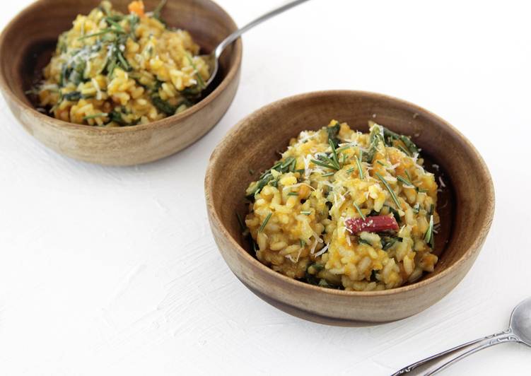 Simple Way to Prepare Speedy Sweet Potato and Chard Risotto with Parmesan, Rosemary, and Nutmeg