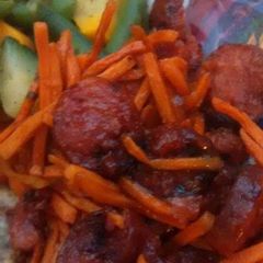 A picture of Barbecue Shredded Carrots and Turkey Sausage.