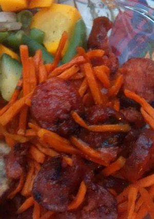 A picture of Barbecue Shredded Carrots and Turkey Sausage.