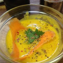 Carrot Soup w/coconut milk+curry powder A picture of Carrot Soup w/coconut milk+curry powder.