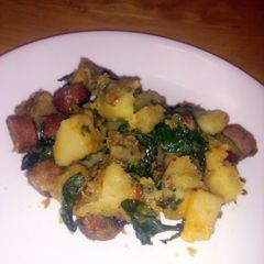 Polish sausage and potatoes skillet dinner. A picture of Polish sausage and potatoes skillet dinner..