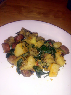 A picture of Polish sausage and potatoes skillet dinner..