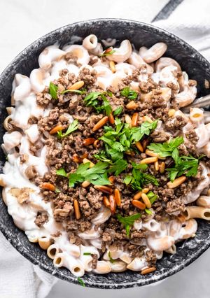 A picture of Macarona bil Laban (Pasta With Garlic Yogurt Sauce).