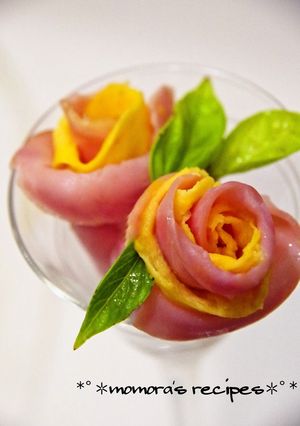 A picture of Flowers for Bento - Ham and Egg Roses - An Easy Bento Item.