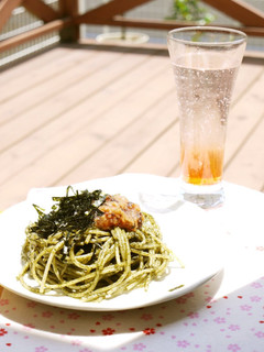 A picture of Ume and Shiso Leaf Genovese Pasta.
