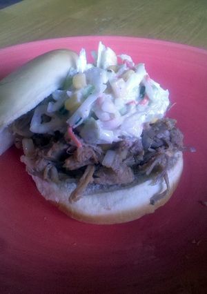 A picture of Teri's pulled pork and coleslaw sandwiches.