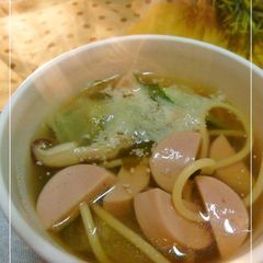A picture of Easy To Eat Fish Sausage and Pasta Soup.