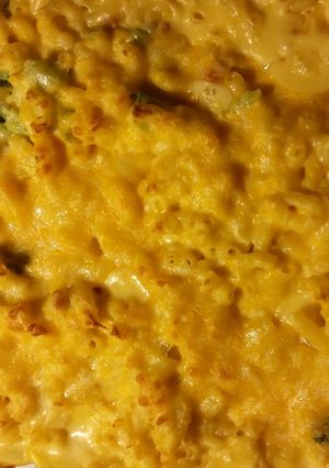 A picture of Brocolli Mac and cheese.